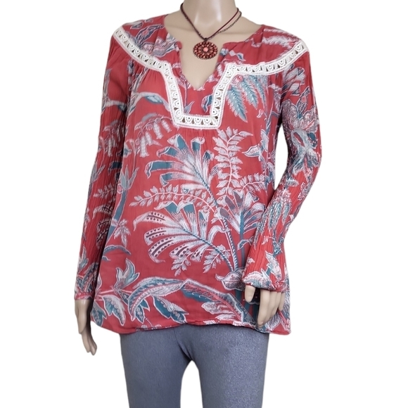 Loft iris lacy peasant blouse red blue floral print - Picture 1 of 5